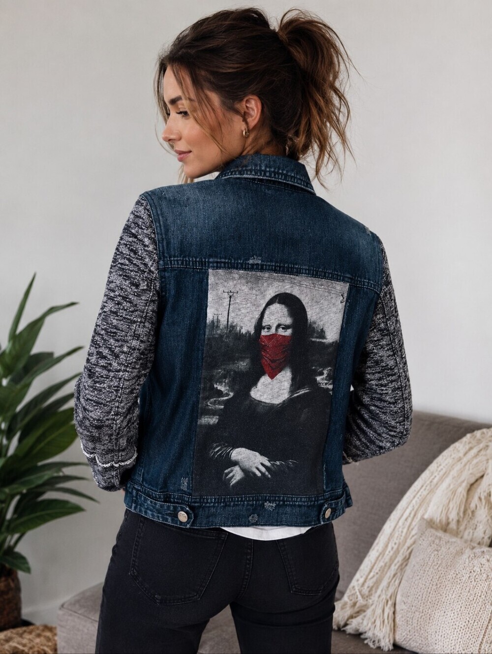Upcycled! Free People | Distressed Denim Knit Sleeve Jacket w/ Mona Lisa Graphic
